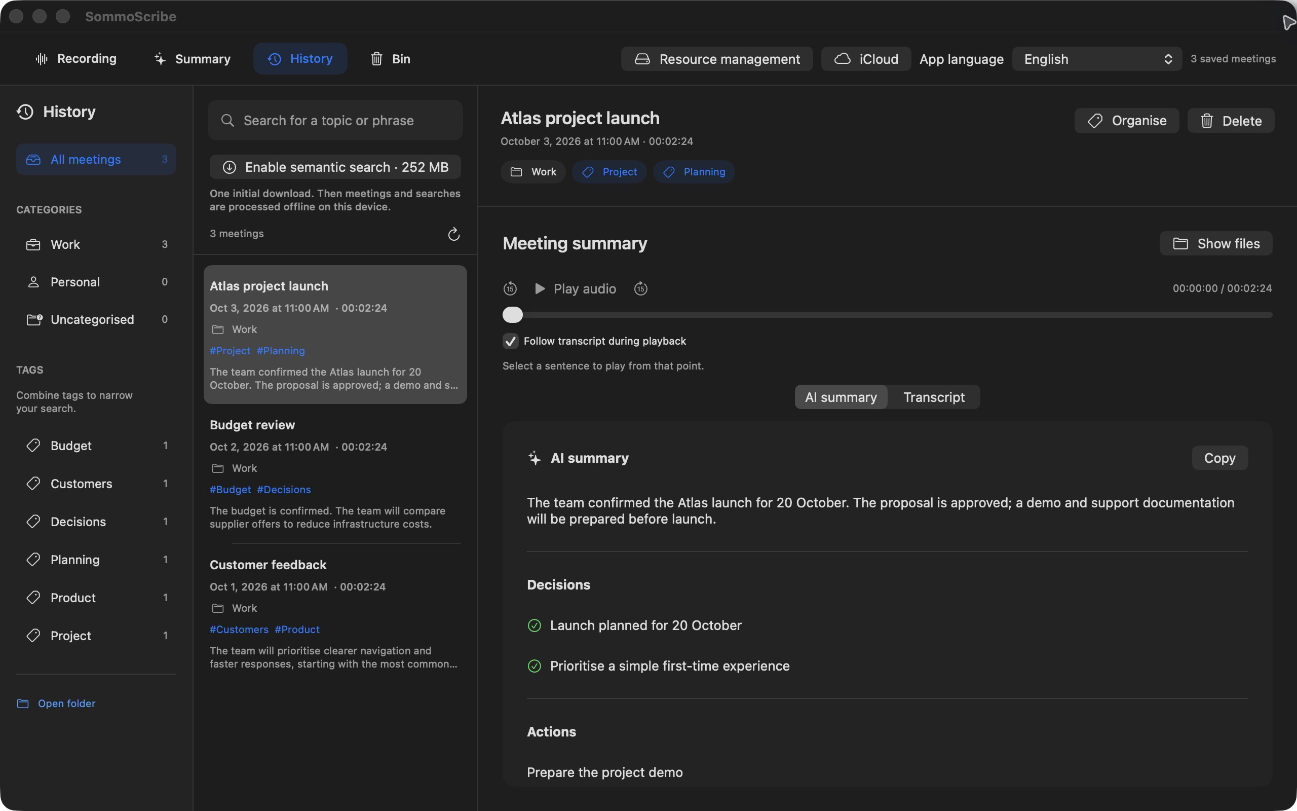 SommoScribe meeting history on Mac