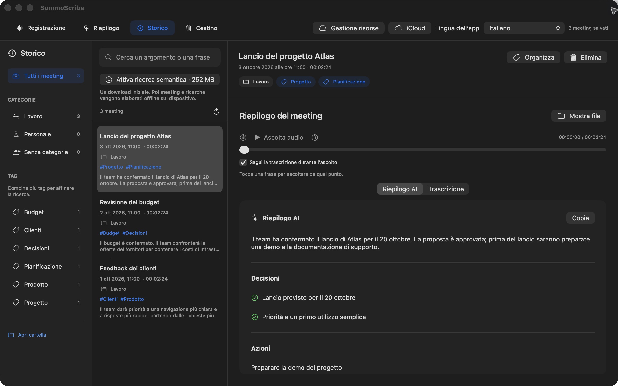 Storico dei meeting di SommoScribe su Mac